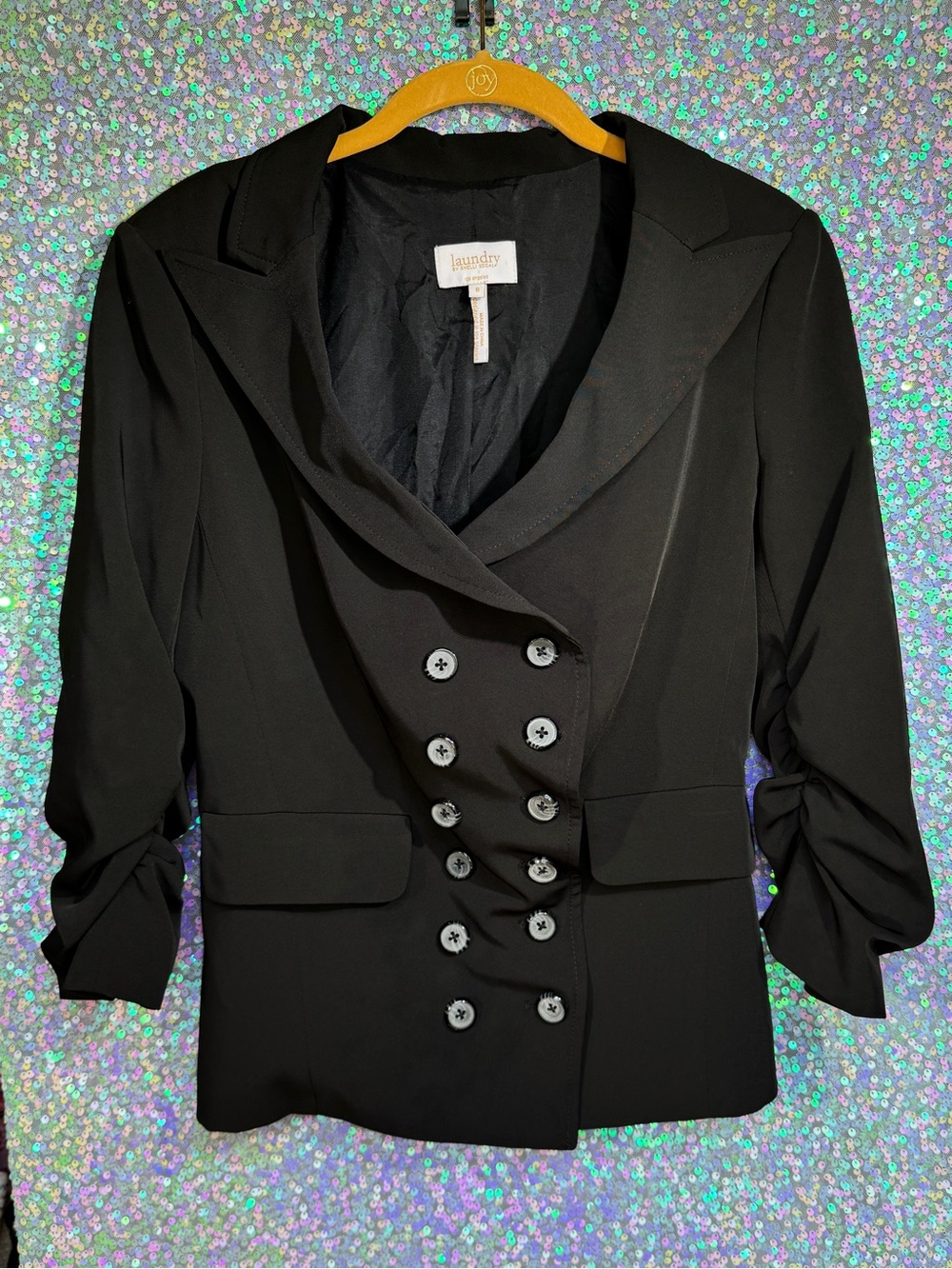 Laundry by Shelli Segal Black Double-Breasted Tailored Blazer with Ruched Sleeve